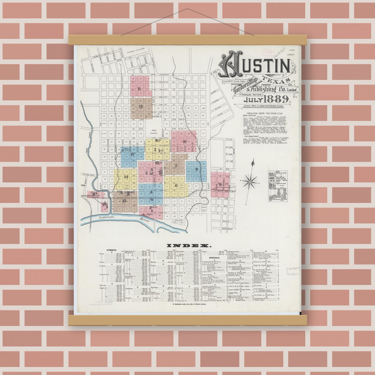 Old map wall art mockup — magnetic wood frame on brick wall — Sanborn Fire Insurance Map from Austin, Travis County, Texas (1889) - Complete Map Set