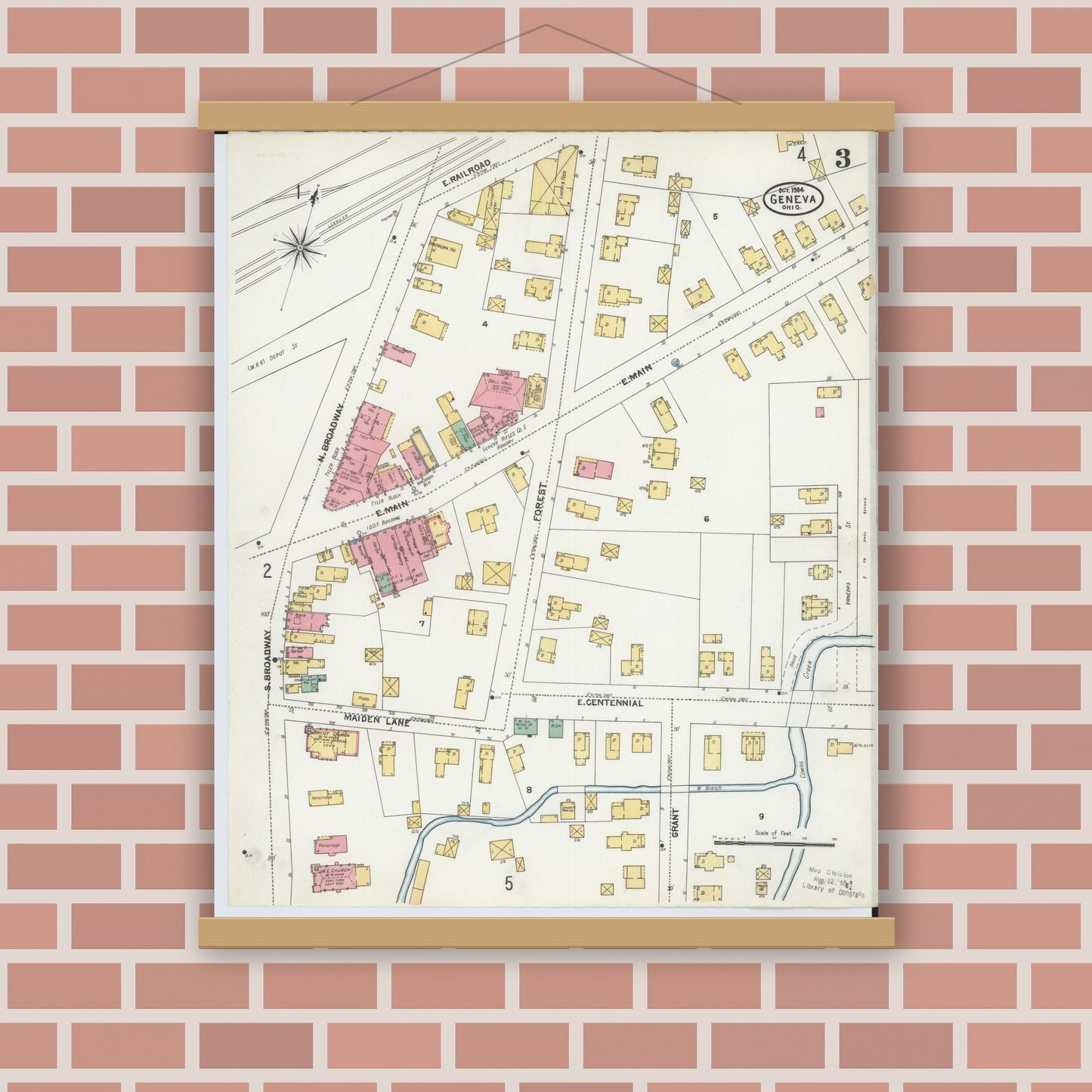 Old map wall art mockup — magnetic wood frame on brick wall — Sanborn Fire Insurance Map from Geneva, Ashtabula County, Ohio (1904), Sheet #0003