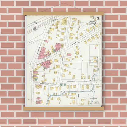 Old map wall art mockup — magnetic wood frame on brick wall — Sanborn Fire Insurance Map from Geneva, Ashtabula County, Ohio (1904), Sheet #0003