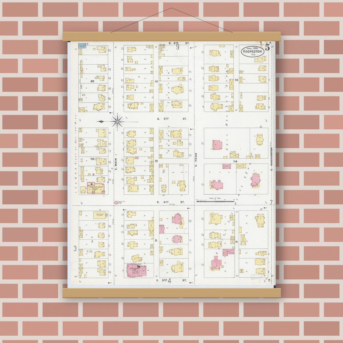 Old map wall art mockup — magnetic wood frame on brick wall — Sanborn Fire Insurance Map from Hoopeston, Vermilion County, Illinois (1906), Sheet #0005