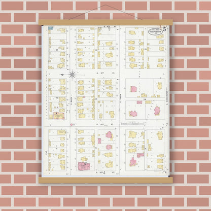 Old map wall art mockup — magnetic wood frame on brick wall — Sanborn Fire Insurance Map from Hoopeston, Vermilion County, Illinois (1906), Sheet #0005