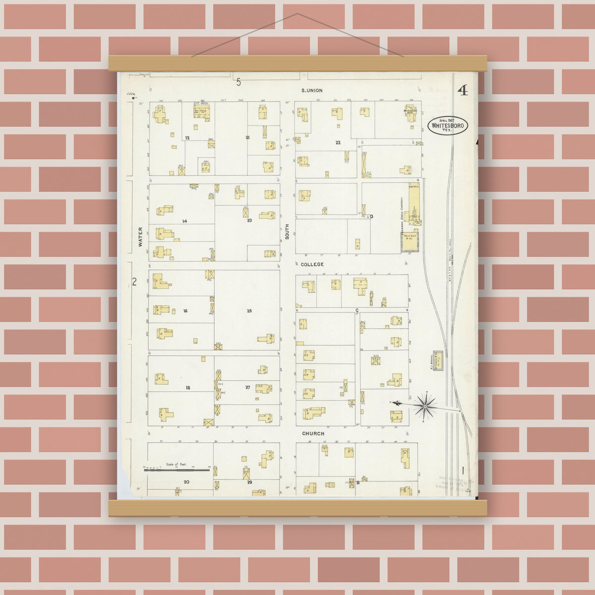 Old map wall art mockup — magnetic wood frame on brick wall — Sanborn Fire Insurance Map from Whitesboro, Grayson County, Texas (1907), Sheet #0004