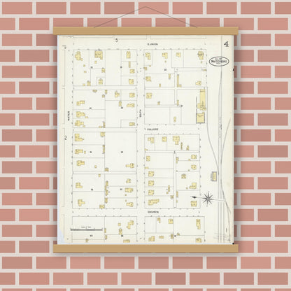 Old map wall art mockup — magnetic wood frame on brick wall — Sanborn Fire Insurance Map from Whitesboro, Grayson County, Texas (1907), Sheet #0004