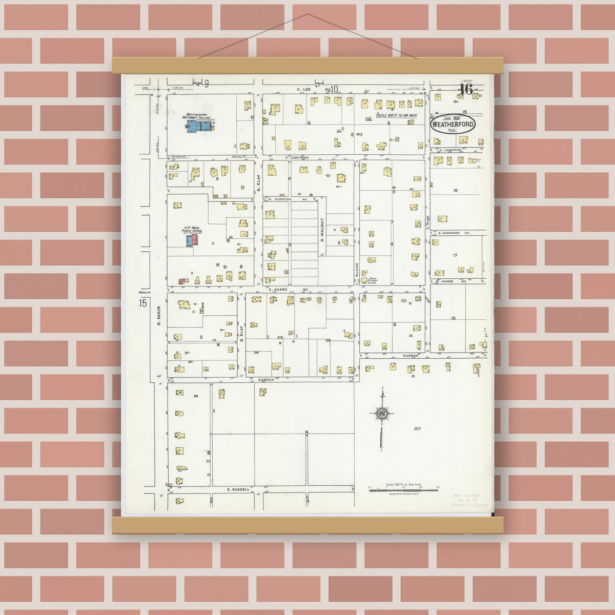 Old map wall art mockup — magnetic wood frame on brick wall — Sanborn Fire Insurance Map from Weatherford, Parker County, Texas (1921), Sheet #0016