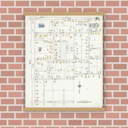 Old map wall art mockup — magnetic wood frame on brick wall — Sanborn Fire Insurance Map from Weatherford, Parker County, Texas (1921), Sheet #0016