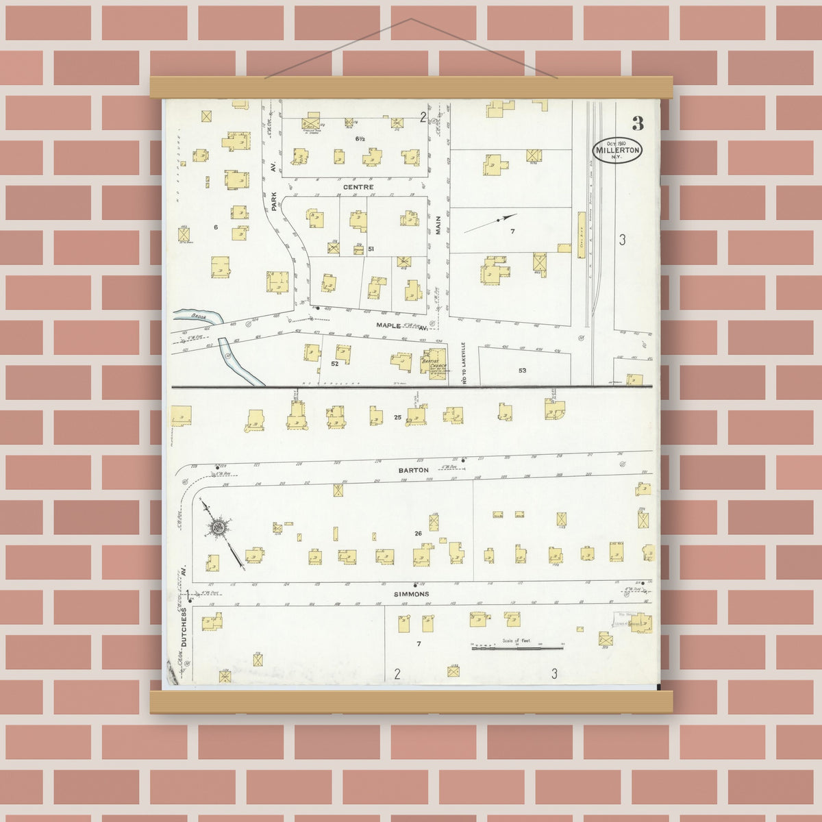 Old map wall art mockup — magnetic wood frame on brick wall — Sanborn Fire Insurance Map from Millerton, Dutchess County, New York (1910), Sheet #0003