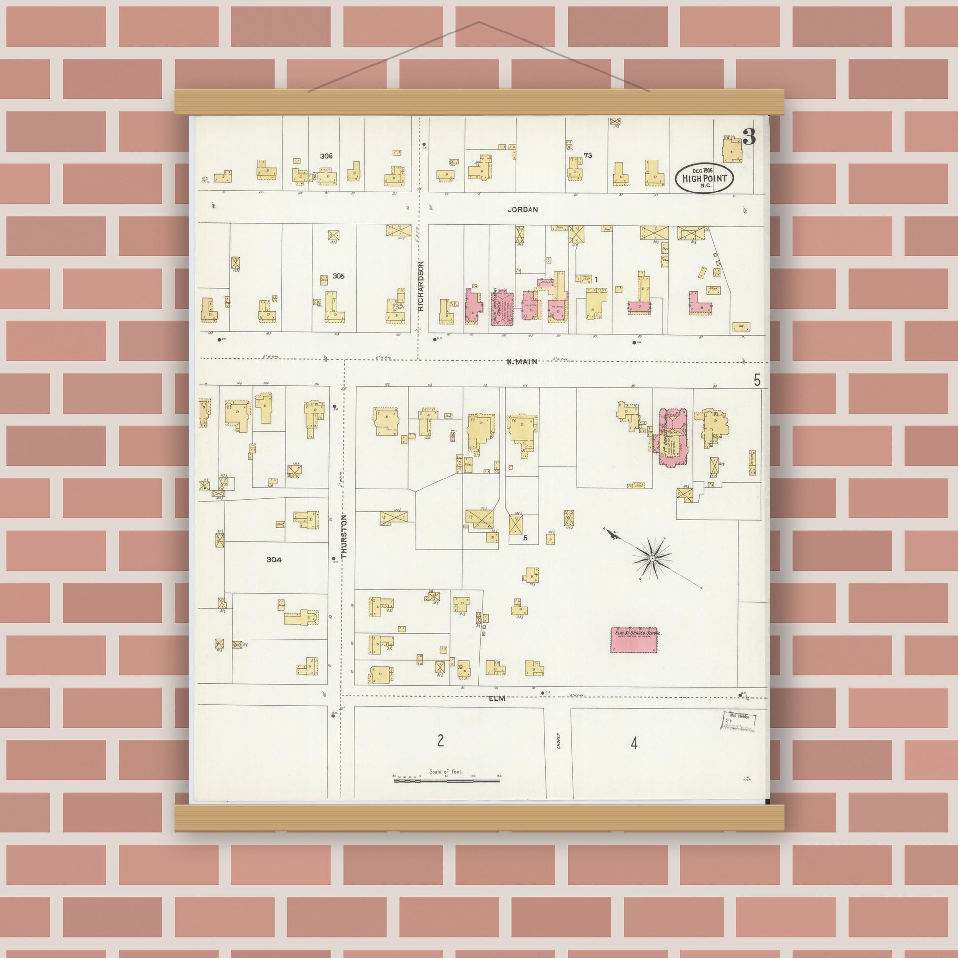 Old map wall art mockup — magnetic wood frame on brick wall — Sanborn Fire Insurance Map from High Point, Guilford County, North Carolina (1906), Sheet #0003