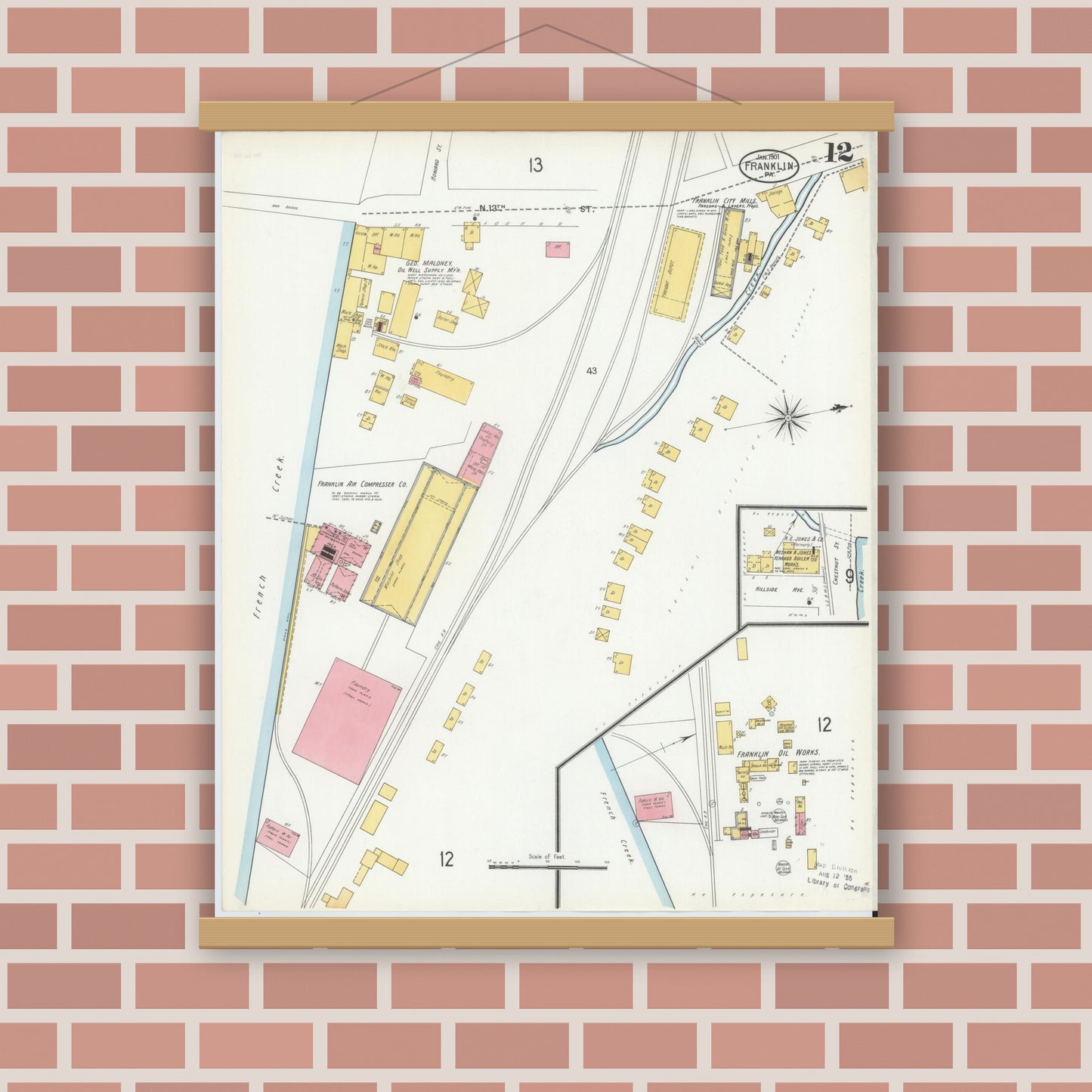Old map wall art mockup — magnetic wood frame on brick wall — Sanborn Fire Insurance Map from Franklin, Venango County, Pennsylvania (1901), Sheet #0012