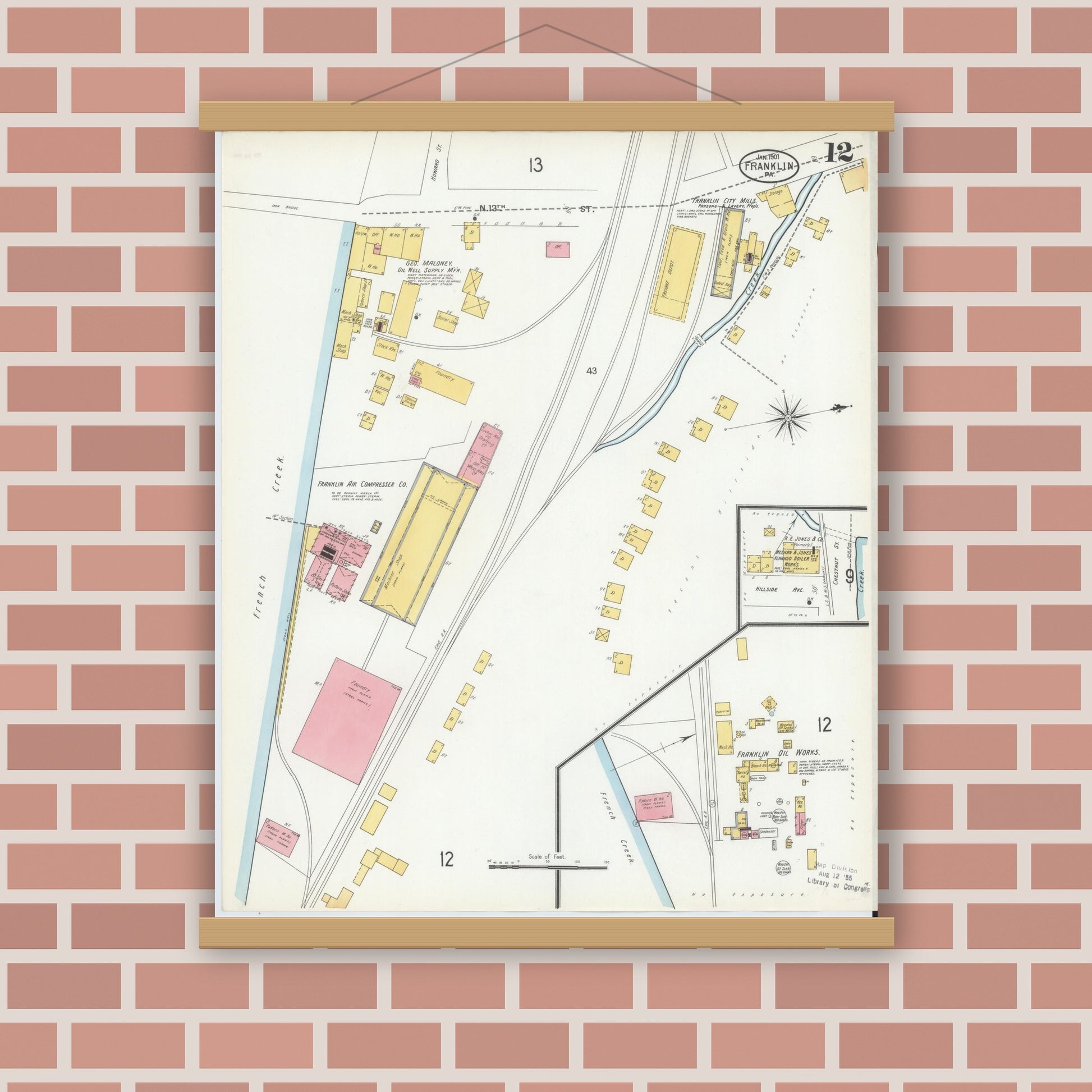 Old map wall art mockup — magnetic wood frame on brick wall — Sanborn Fire Insurance Map from Franklin, Venango County, Pennsylvania (1901), Sheet #0012