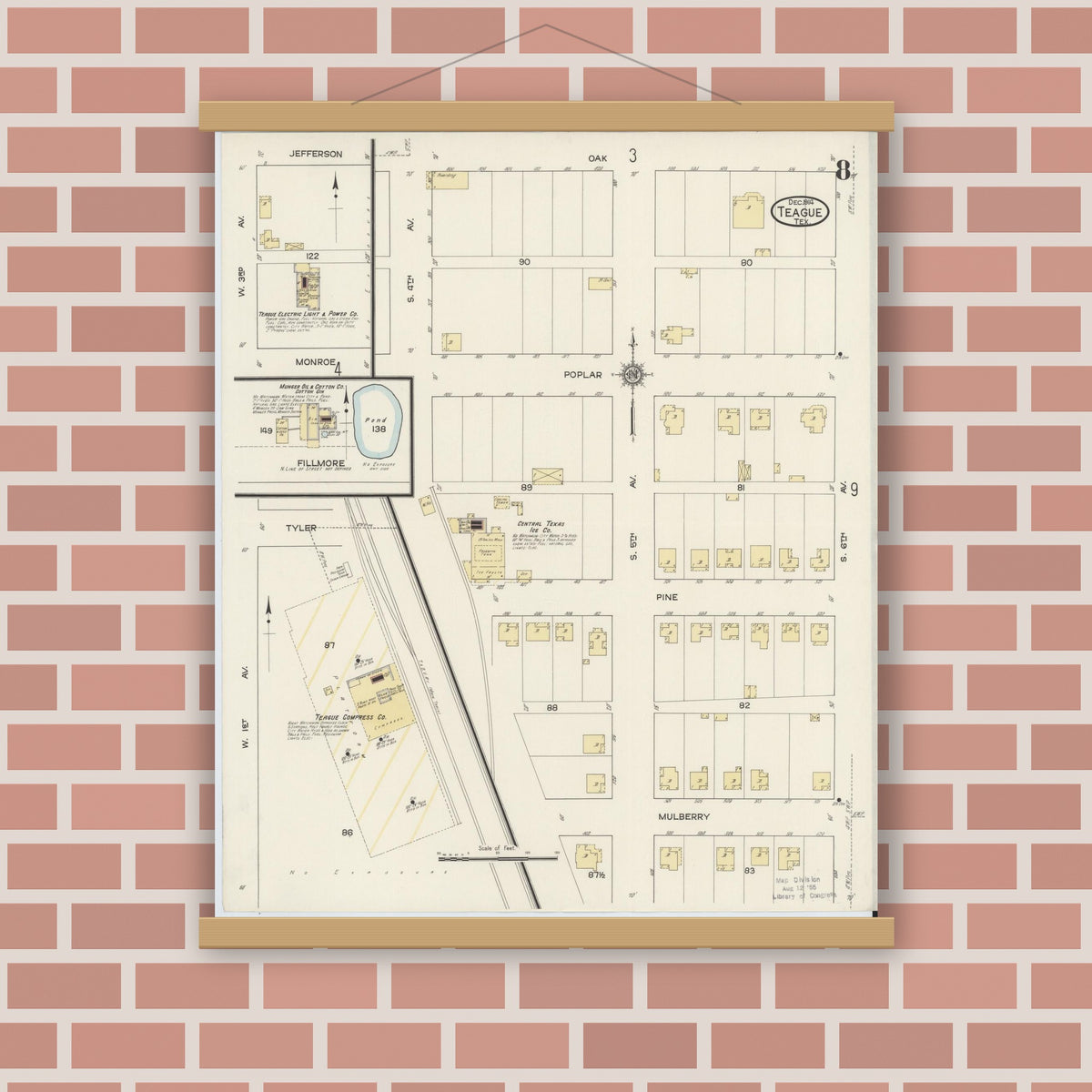 Old map wall art mockup — magnetic wood frame on brick wall — Sanborn Fire Insurance Map from Teague, Freestone County, Texas (1914), Sheet #0008