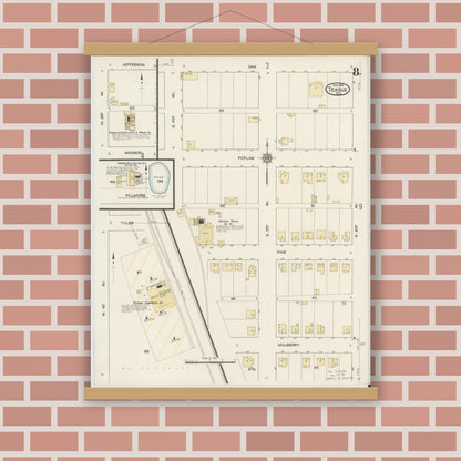 Old map wall art mockup — magnetic wood frame on brick wall — Sanborn Fire Insurance Map from Teague, Freestone County, Texas (1914), Sheet #0008