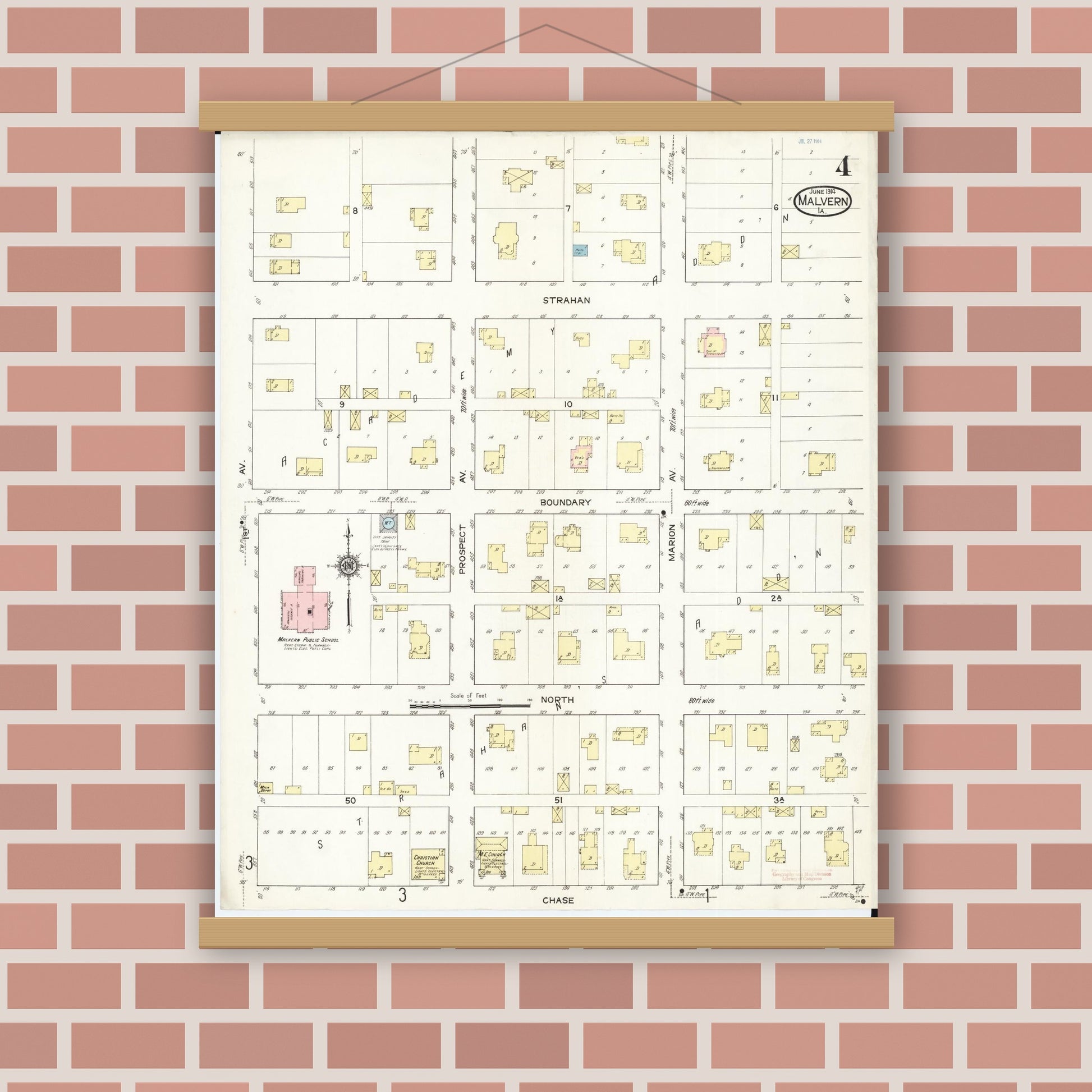 Old map wall art mockup — magnetic wood frame on brick wall — Sanborn Fire Insurance Map from Malvern, Mills County, Iowa (1914), Sheet #0004