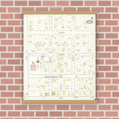 Old map wall art mockup — magnetic wood frame on brick wall — Sanborn Fire Insurance Map from Malvern, Mills County, Iowa (1914), Sheet #0004