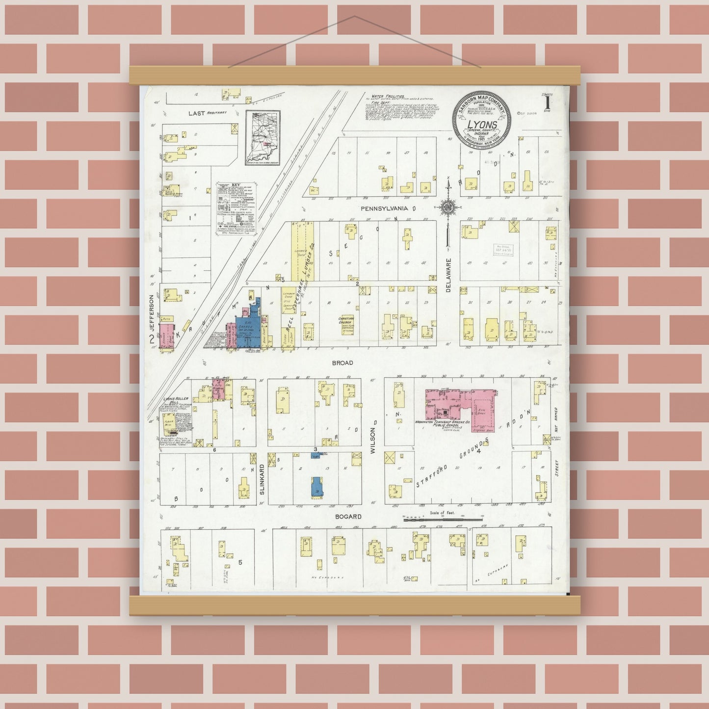 Old map wall art mockup — magnetic wood frame on brick wall — Sanborn Fire Insurance Map from Lyons, Greene County, Indiana (1921) - Complete Map Set