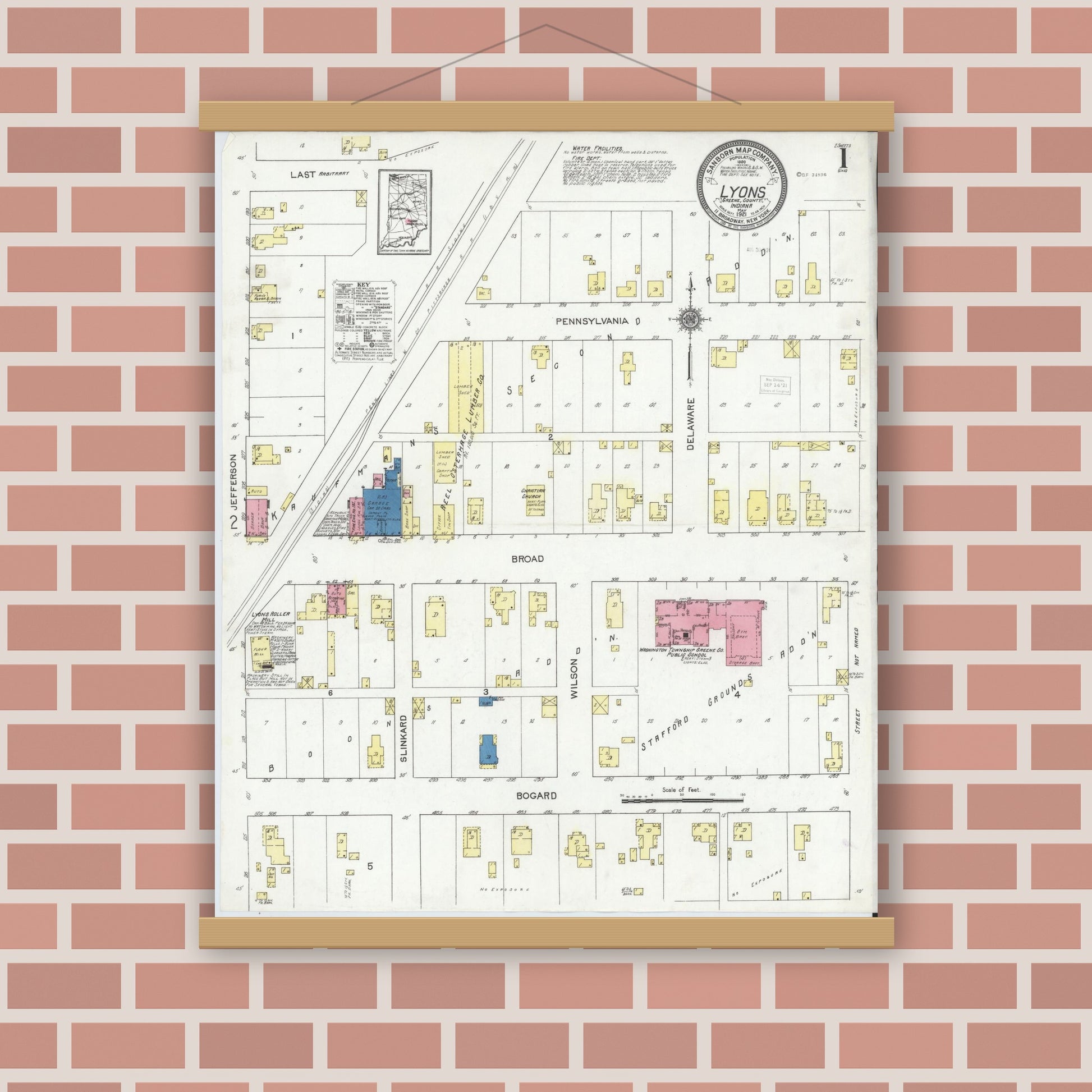 Old map wall art mockup — magnetic wood frame on brick wall — Sanborn Fire Insurance Map from Lyons, Greene County, Indiana (1921) - Complete Map Set