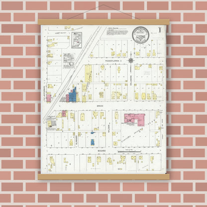 Old map wall art mockup — magnetic wood frame on brick wall — Sanborn Fire Insurance Map from Lyons, Greene County, Indiana (1921) - Complete Map Set