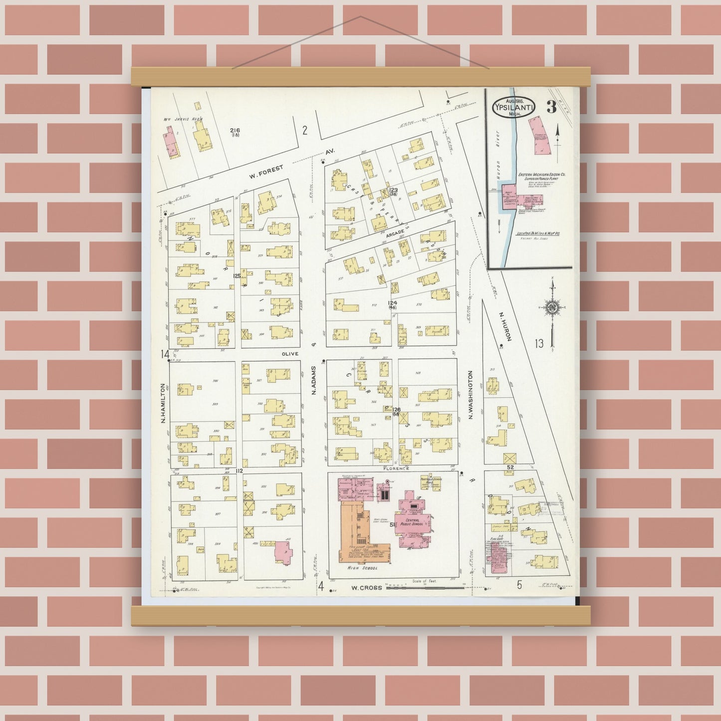 Old map wall art mockup — magnetic wood frame on brick wall — Sanborn Fire Insurance Map from Ypsilanti, Washtenaw County, Michigan (1916), Sheet #0003