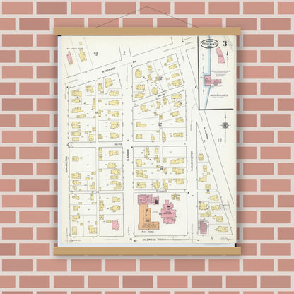 Old map wall art mockup — magnetic wood frame on brick wall — Sanborn Fire Insurance Map from Ypsilanti, Washtenaw County, Michigan (1916), Sheet #0003