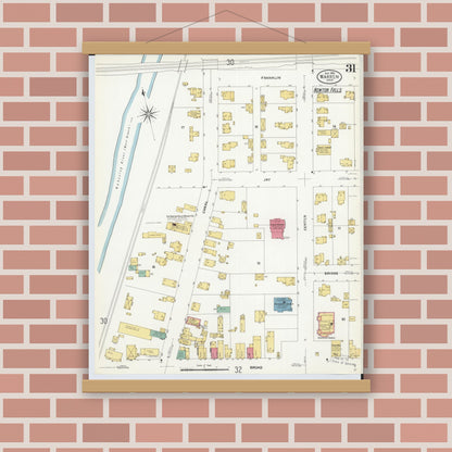 Old map wall art mockup — magnetic wood frame on brick wall — Sanborn Fire Insurance Map from Warren, Trumbull County, Ohio (1908), Sheet #0031