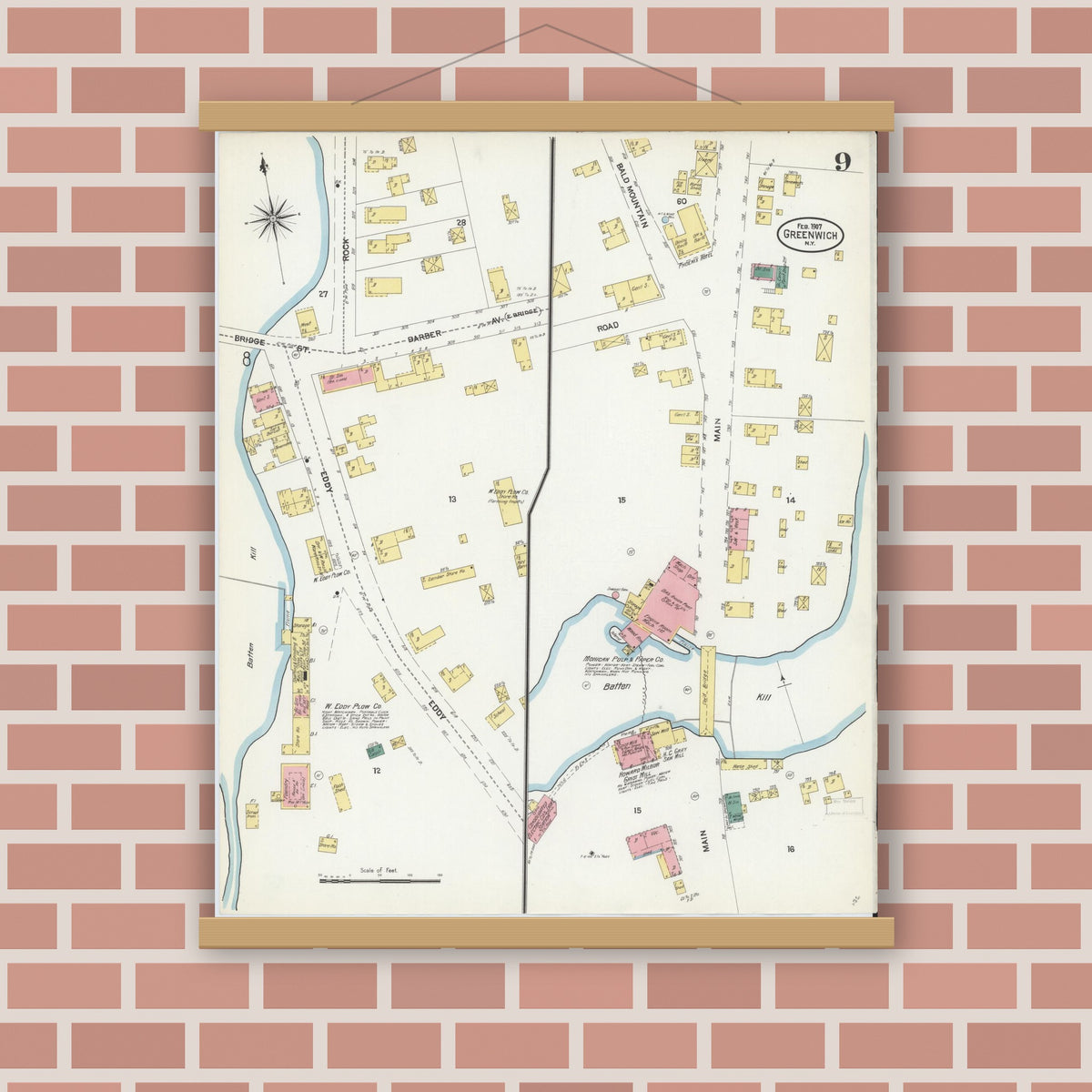 Old map wall art mockup — magnetic wood frame on brick wall — Sanborn Fire Insurance Map from Greenwich, Washington County, New York (1907), Sheet #0009