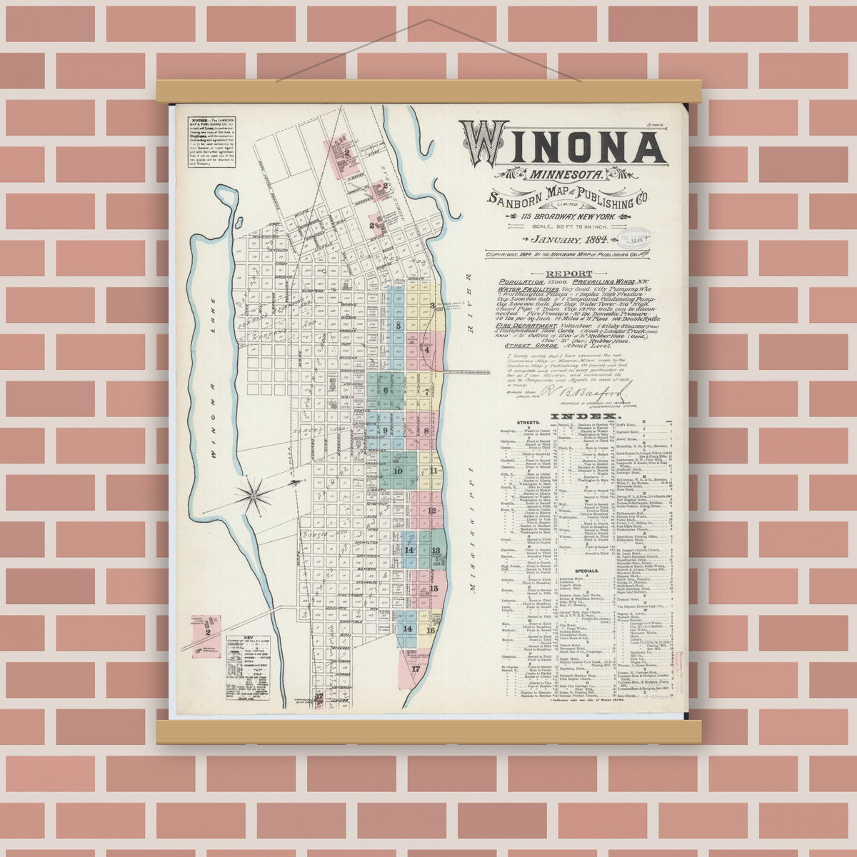 Old map wall art mockup — magnetic wood frame on brick wall — Sanborn Fire Insurance Map from Winona, Winona County, Minnesota (1884), Sheet #0001