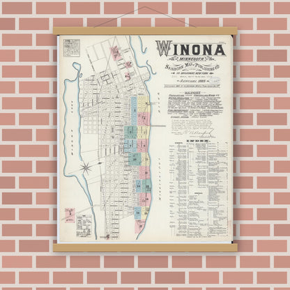 Old map wall art mockup — magnetic wood frame on brick wall — Sanborn Fire Insurance Map from Winona, Winona County, Minnesota (1884), Sheet #0001