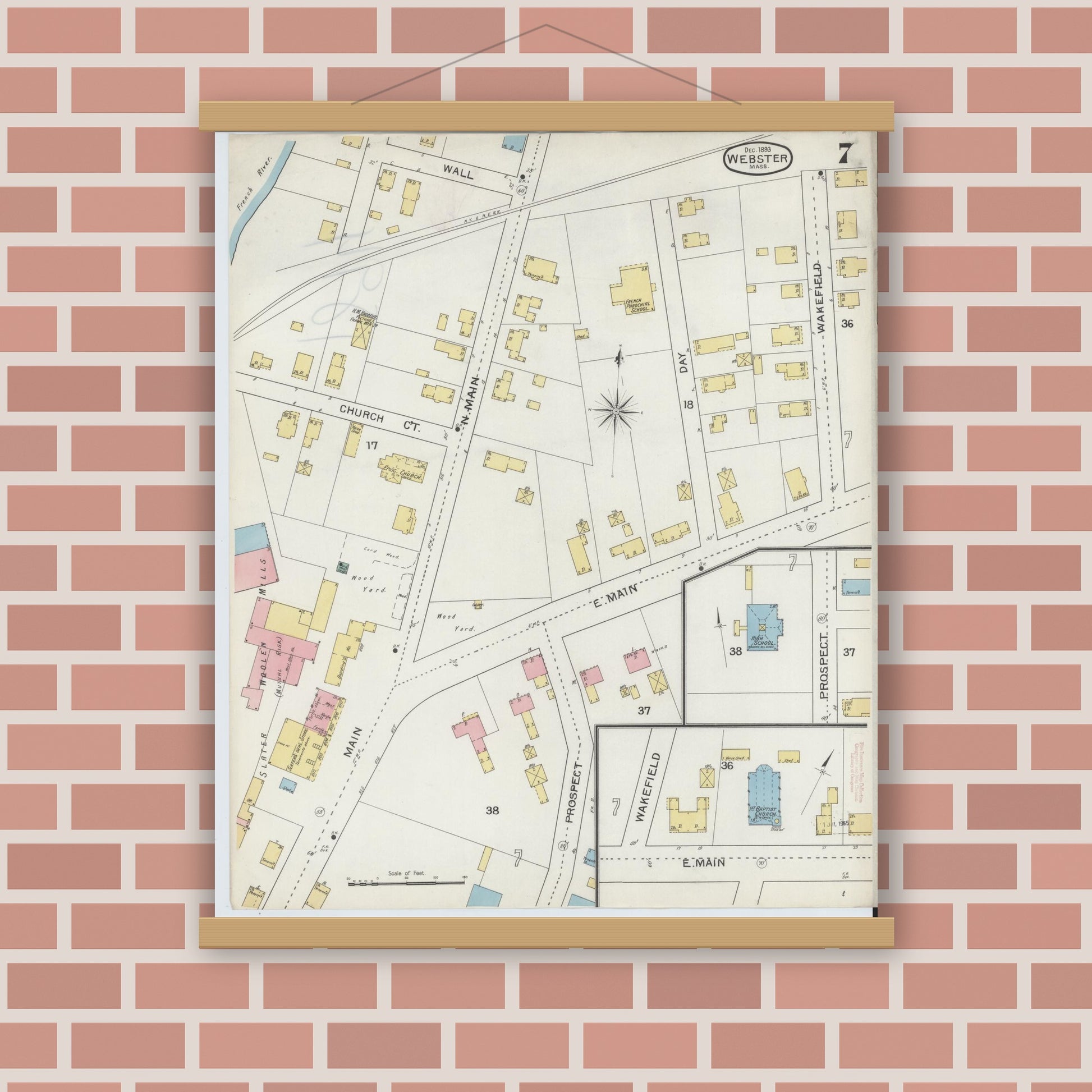Old map wall art mockup — magnetic wood frame on brick wall — Sanborn Fire Insurance Map from Webster, Worcester County, Massachusetts (1893), Sheet #0007