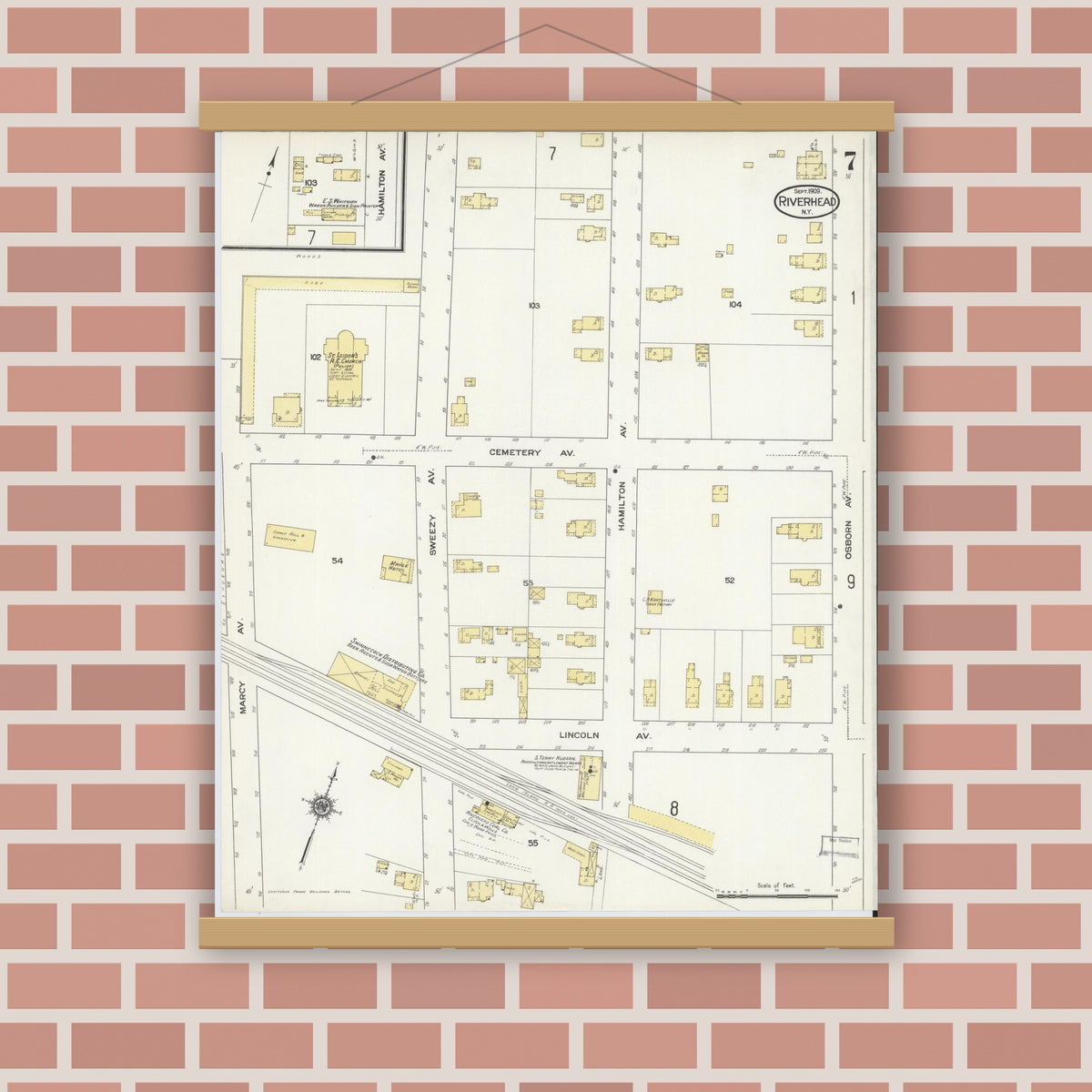 Old map wall art mockup — magnetic wood frame on brick wall — Sanborn Fire Insurance Map from Riverhead, Suffolk County, New York (1909), Sheet #0007