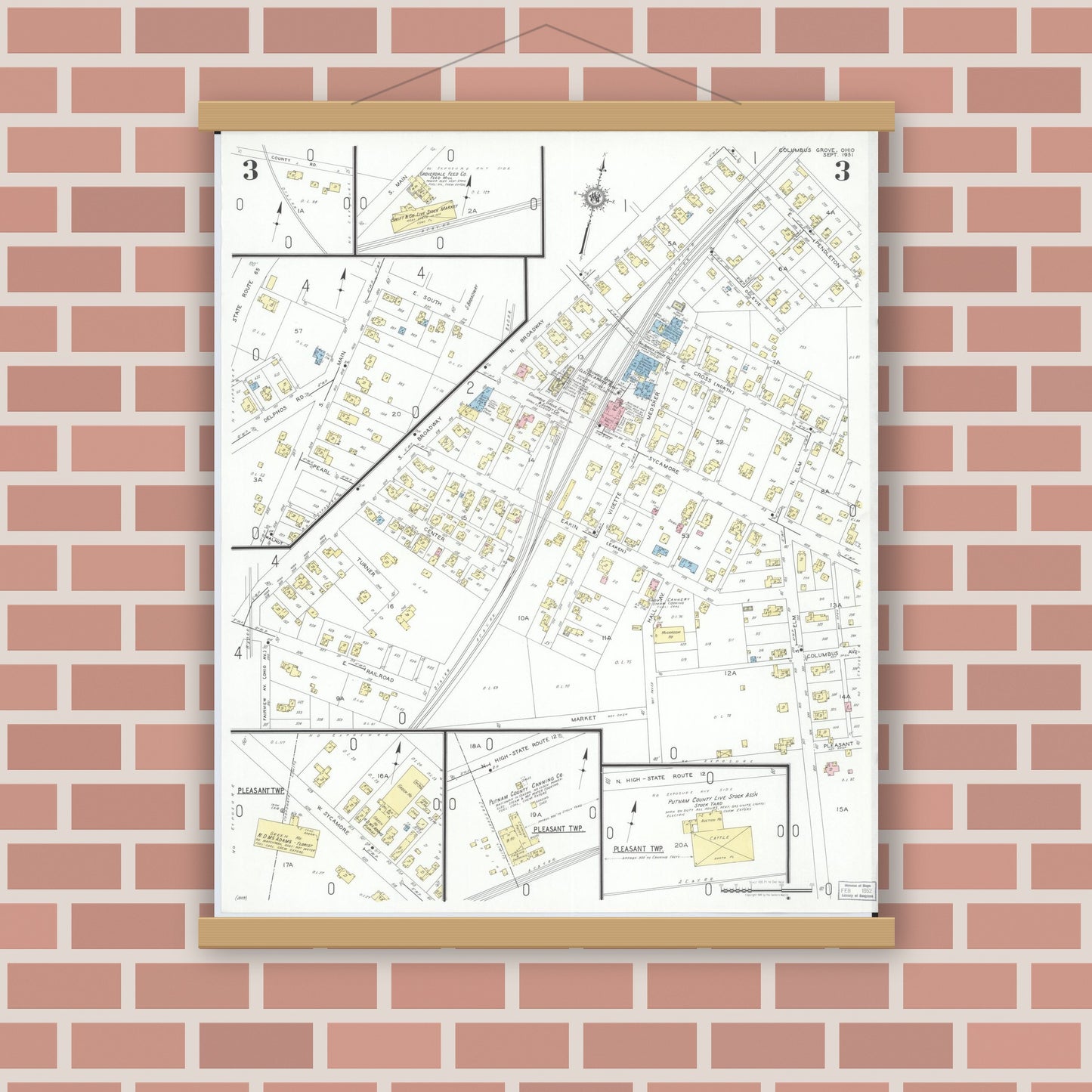 Old map wall art mockup — magnetic wood frame on brick wall — Sanborn Fire Insurance Map from Columbus Grove, Putnam County, Ohio (1951), Sheet #0003
