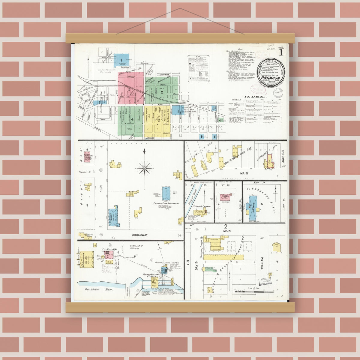 Old map wall art mockup — magnetic wood frame on brick wall — Sanborn Fire Insurance Map from Anamosa, Jones County, Iowa (1899) â€” Complete Set