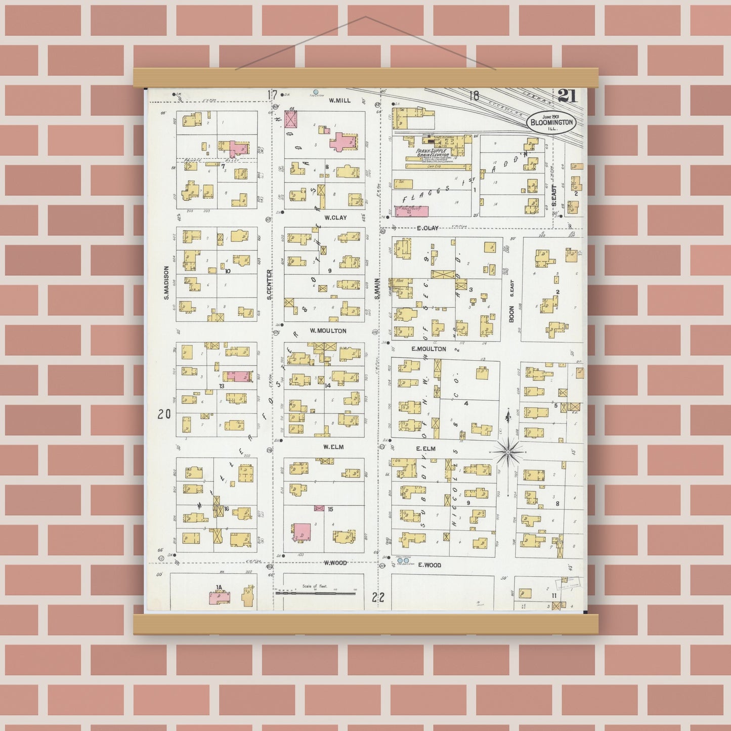 Old map wall art mockup — magnetic wood frame on brick wall — Sanborn Fire Insurance Map from Bloomington, McLean County, Illinois (1901), Sheet #0021