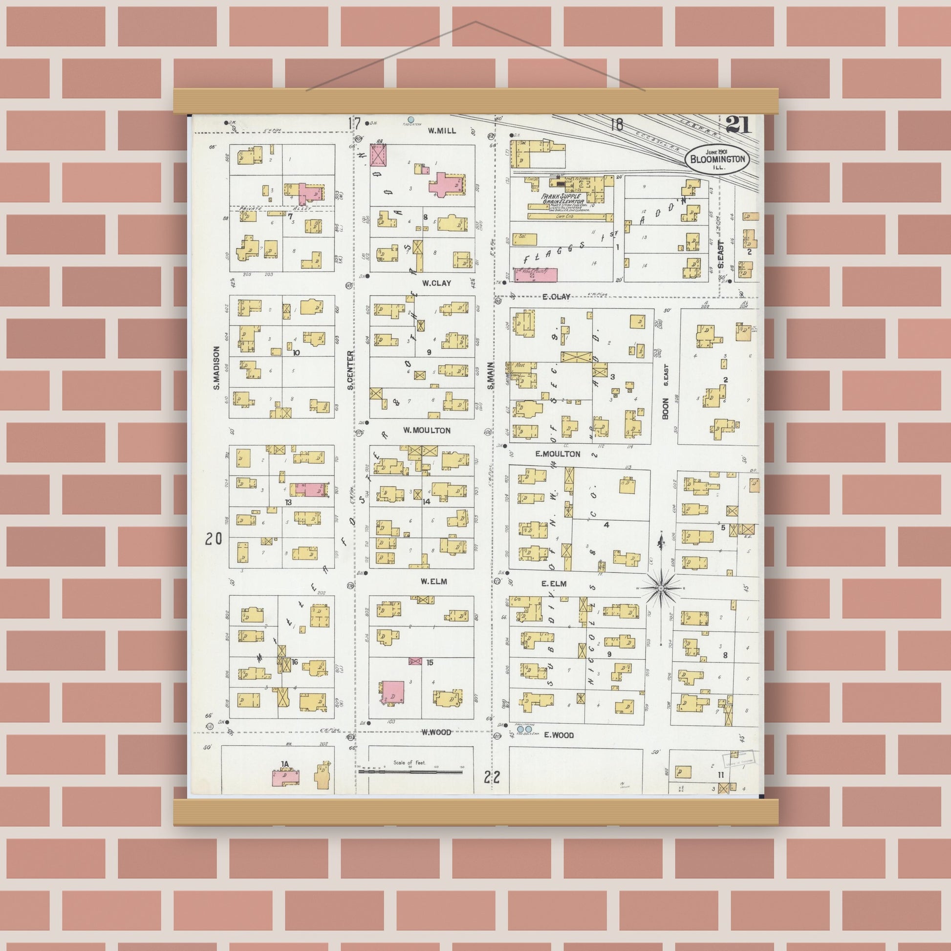 Old map wall art mockup — magnetic wood frame on brick wall — Sanborn Fire Insurance Map from Bloomington, McLean County, Illinois (1901), Sheet #0021