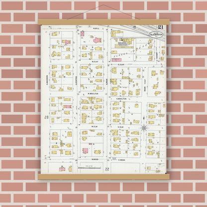 Old map wall art mockup — magnetic wood frame on brick wall — Sanborn Fire Insurance Map from Bloomington, McLean County, Illinois (1901), Sheet #0021