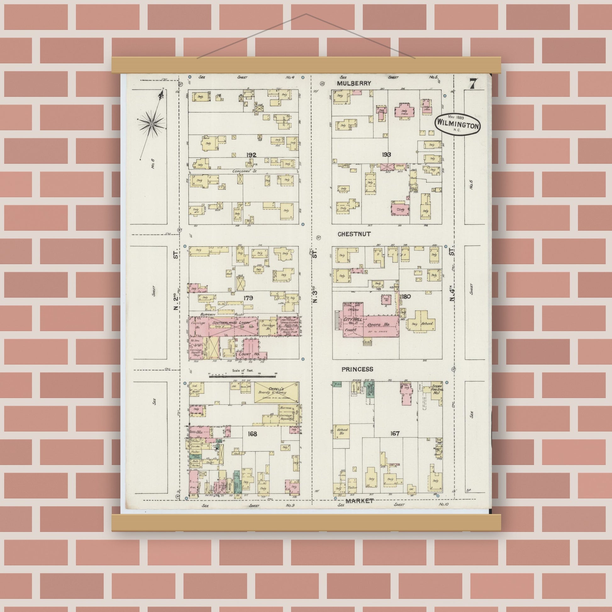 Old map wall art mockup — magnetic wood frame on brick wall — Sanborn Fire Insurance Map from Wilmington, New Hanover County, North Carolina (1889), Sheet #0007