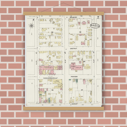Old map wall art mockup — magnetic wood frame on brick wall — Sanborn Fire Insurance Map from Wilmington, New Hanover County, North Carolina (1889), Sheet #0007