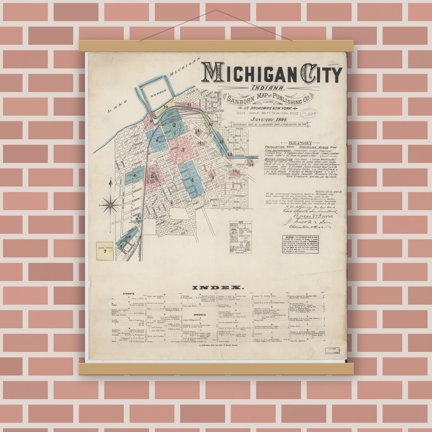 Old map wall art mockup — magnetic wood frame on brick wall — Sanborn Fire Insurance Map from Michigan City, La Porte  County, Indiana (1884) - Complete Map Set
