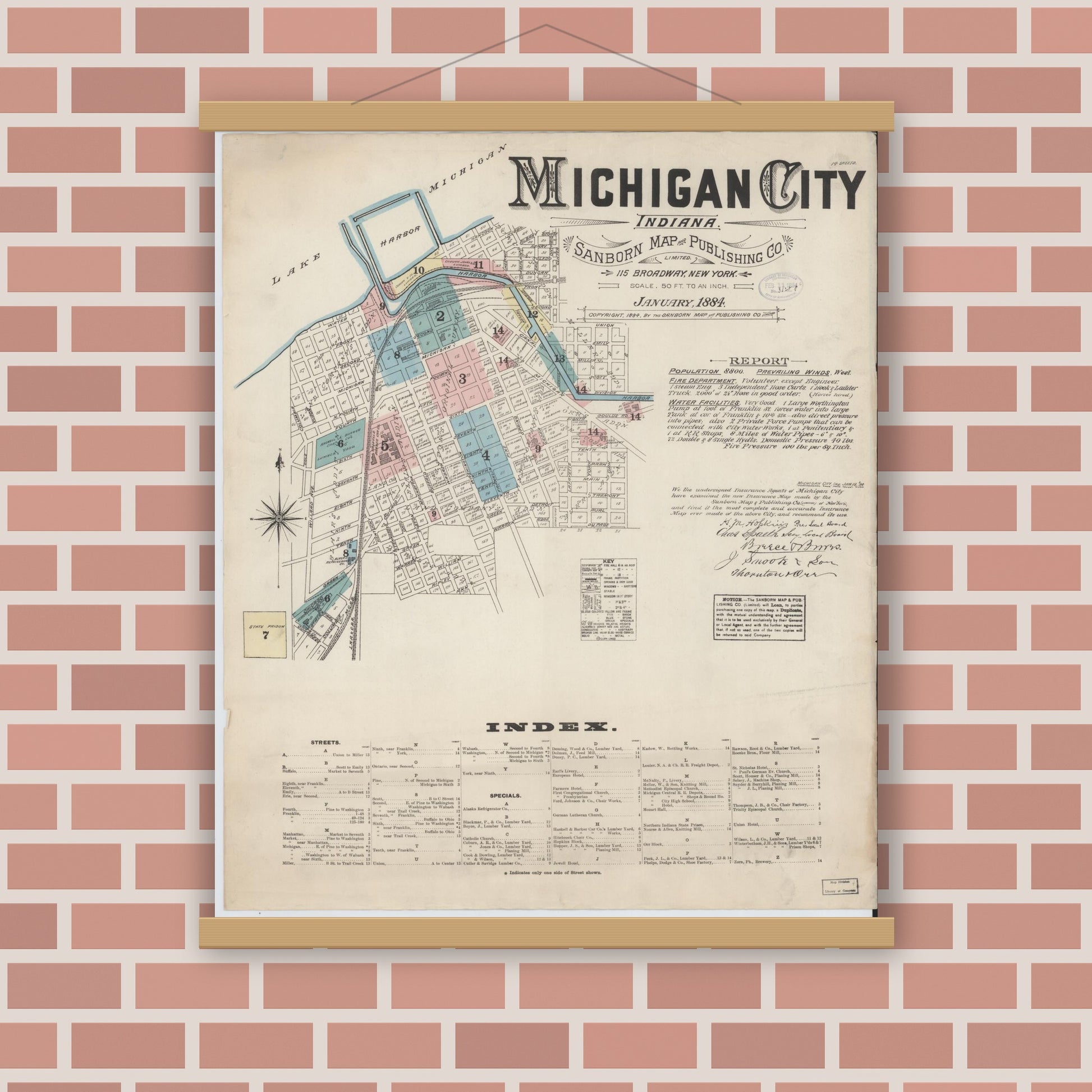 Old map wall art mockup — magnetic wood frame on brick wall — Sanborn Fire Insurance Map from Michigan City, La Porte  County, Indiana (1884) - Complete Map Set