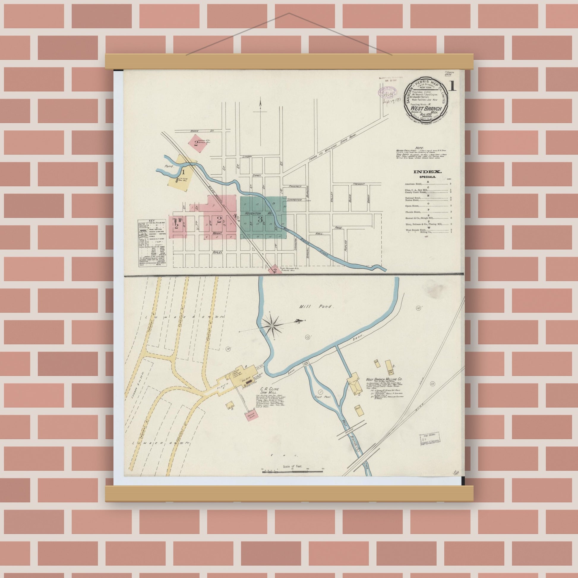 Old map wall art mockup — magnetic wood frame on brick wall — Sanborn Fire Insurance Map from West Branch, Ogemaw County, Michigan (1893), Sheet #0001