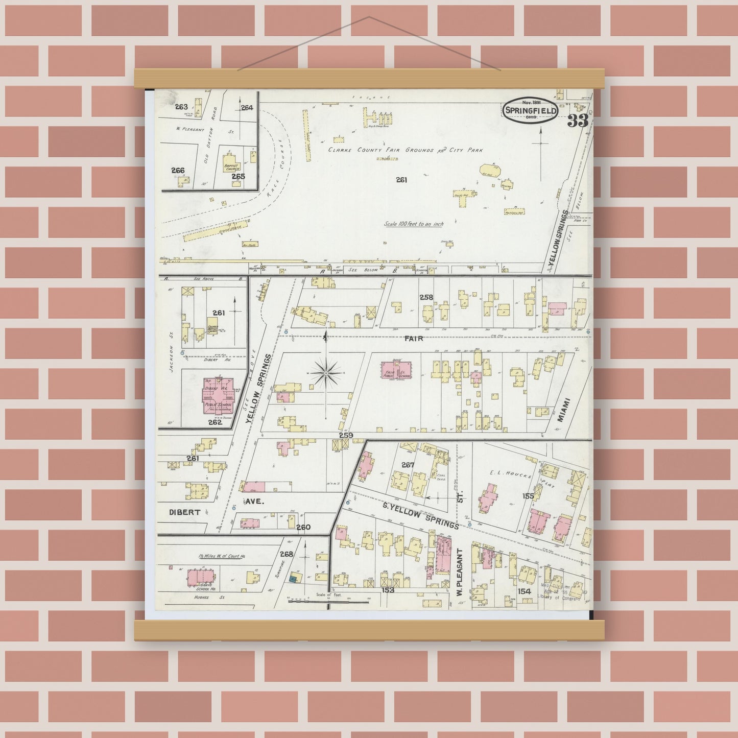 Old map wall art mockup — magnetic wood frame on brick wall — Sanborn Fire Insurance Map from Springfield, Clark County, Ohio (1891), Sheet #0033