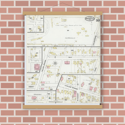 Old map wall art mockup — magnetic wood frame on brick wall — Sanborn Fire Insurance Map from Springfield, Clark County, Ohio (1891), Sheet #0033