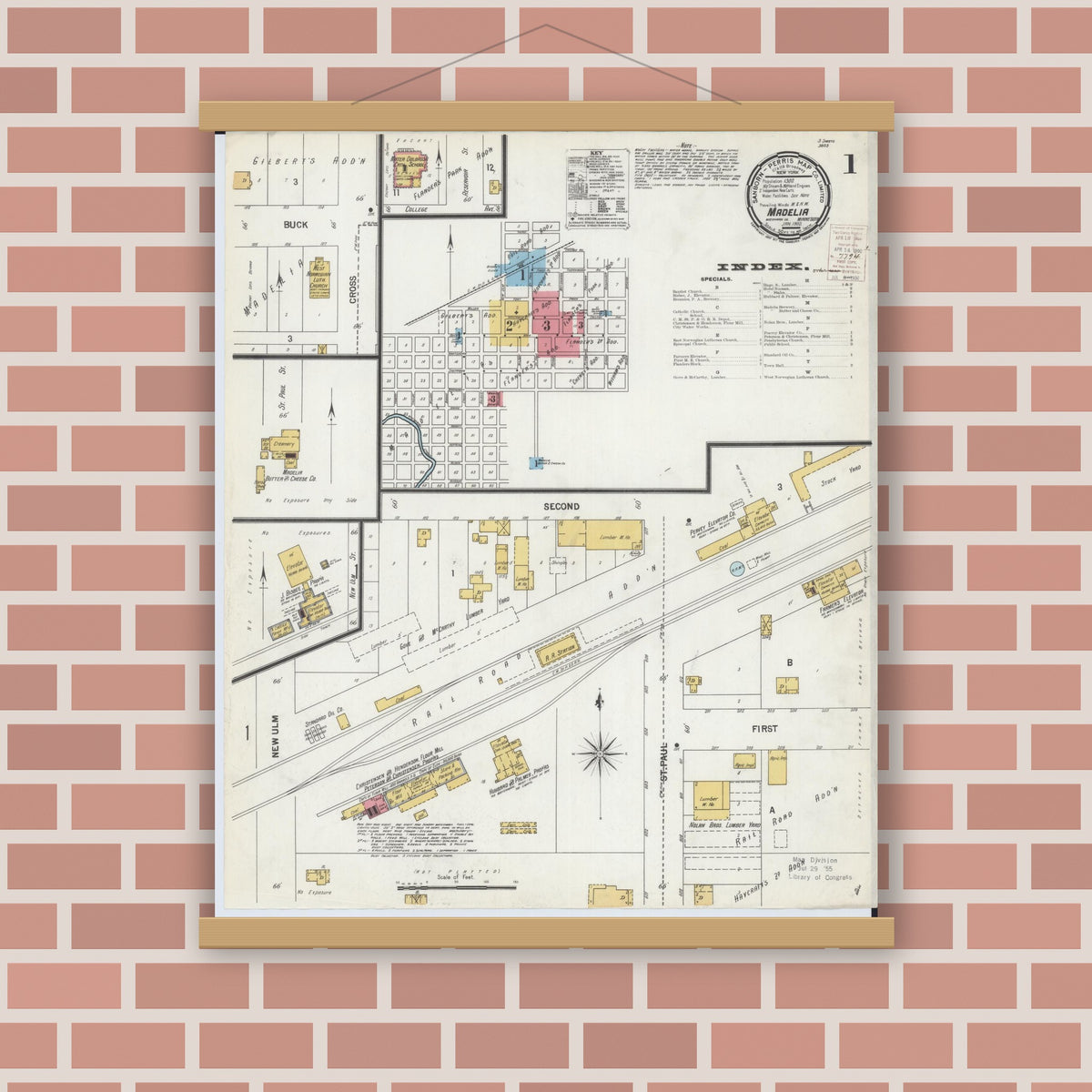 Old map wall art mockup — magnetic wood frame on brick wall — Sanborn Fire Insurance Map from Madelia, Watonwan County, Minnesota (1900) - Complete Map Set
