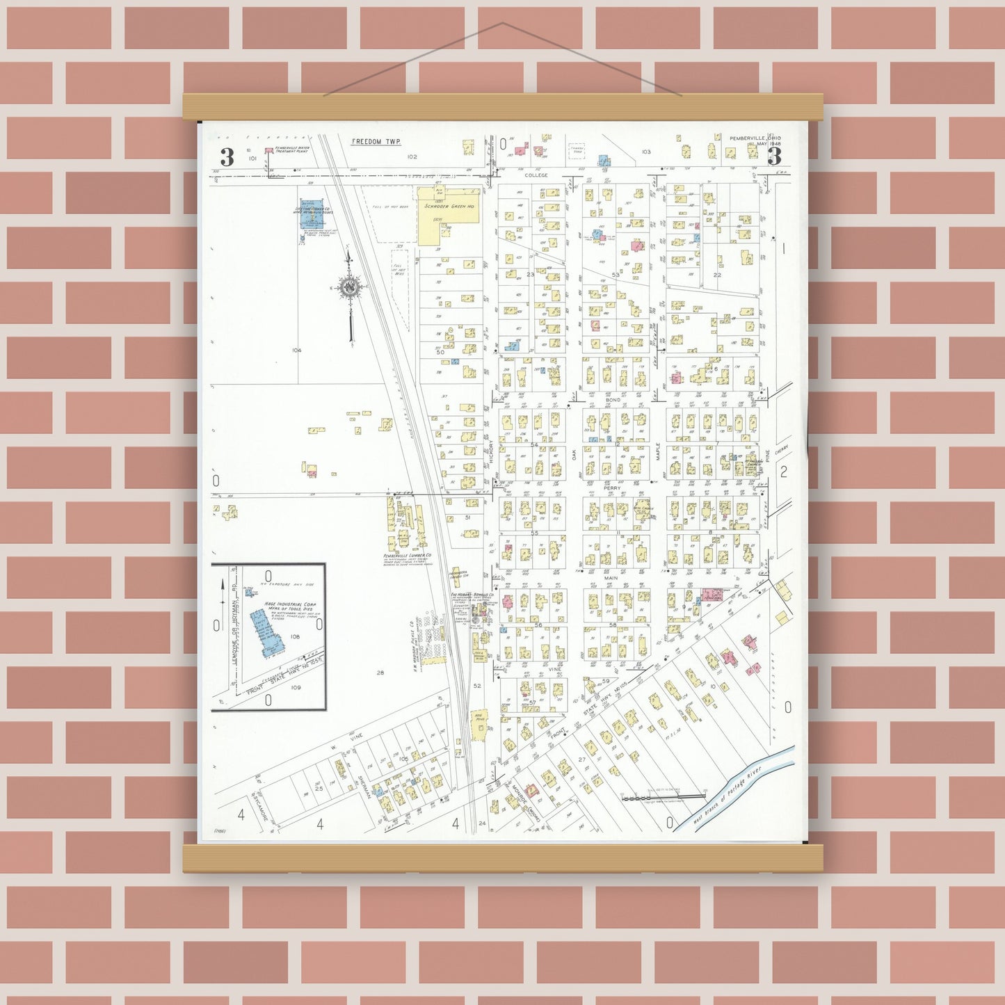Old map wall art mockup — magnetic wood frame on brick wall — Sanborn Fire Insurance Map from Pemberville, Wood County, Ohio (1948), Sheet #0003