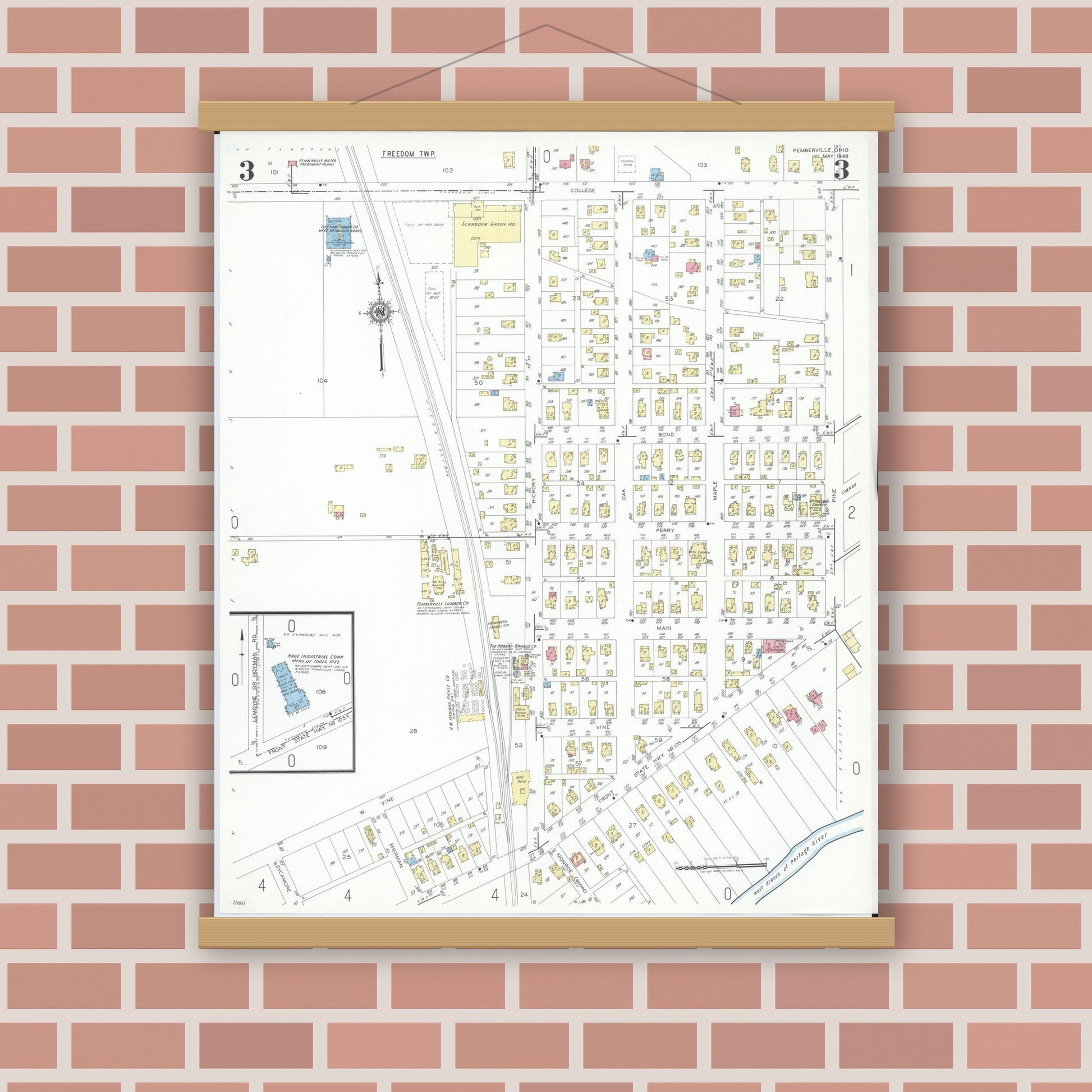 Old map wall art mockup — magnetic wood frame on brick wall — Sanborn Fire Insurance Map from Pemberville, Wood County, Ohio (1948), Sheet #0003