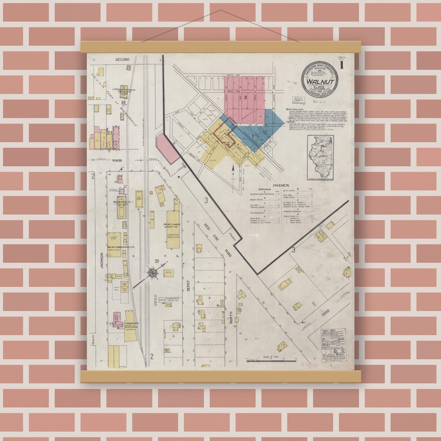Old map wall art mockup — magnetic wood frame on brick wall — Sanborn Fire Insurance Map from Walnut, Bureau County, Illinois (1921) - Complete Map Set