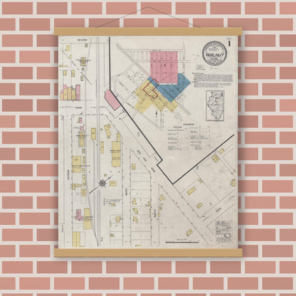 Old map wall art mockup — magnetic wood frame on brick wall — Sanborn Fire Insurance Map from Walnut, Bureau County, Illinois (1921) - Complete Map Set