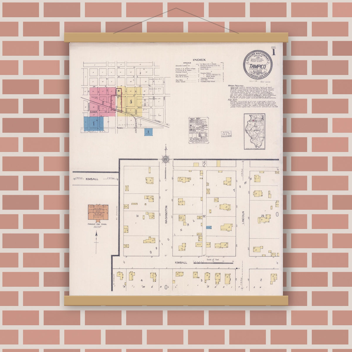 Old map wall art mockup — magnetic wood frame on brick wall — Sanborn Fire Insurance Map from Tampico, Whiteside County, Illinois (1921) - Complete Map Set