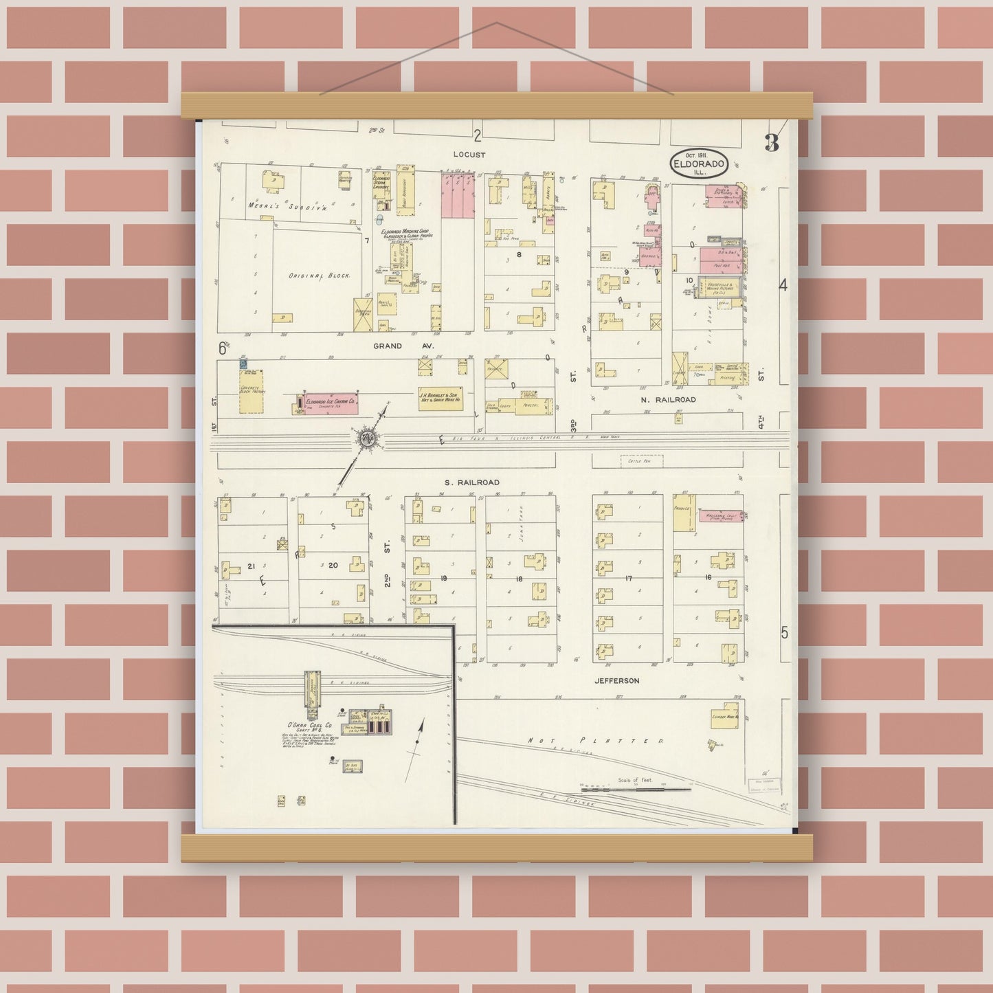 Old map wall art mockup — magnetic wood frame on brick wall — Sanborn Fire Insurance Map from Eldorado, Saline County, Illinois (1911), Sheet #0003
