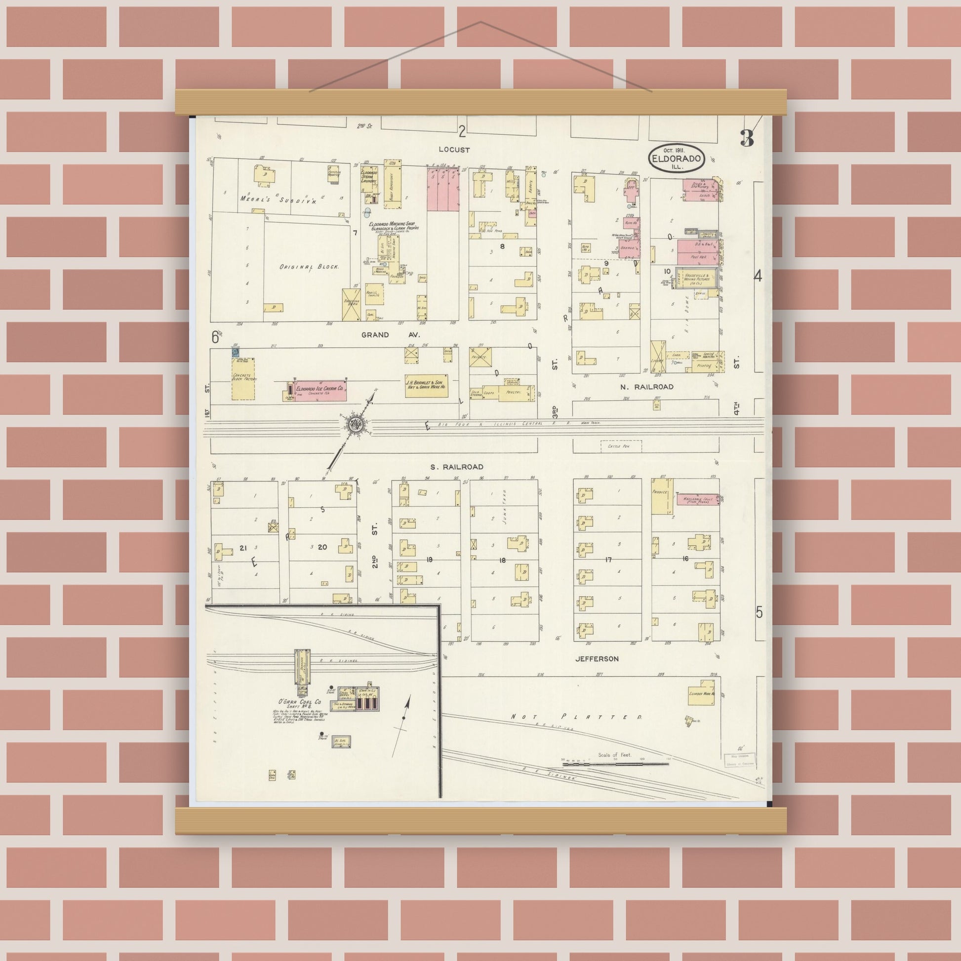 Old map wall art mockup — magnetic wood frame on brick wall — Sanborn Fire Insurance Map from Eldorado, Saline County, Illinois (1911), Sheet #0003
