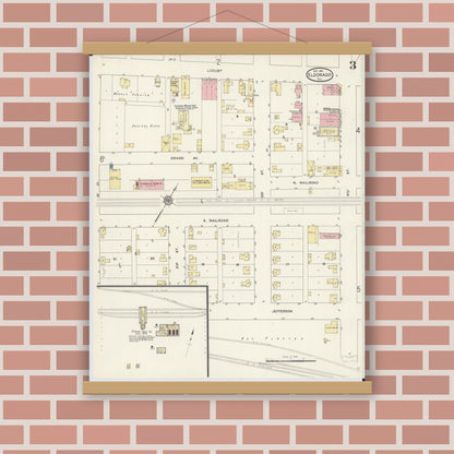 Old map wall art mockup — magnetic wood frame on brick wall — Sanborn Fire Insurance Map from Eldorado, Saline County, Illinois (1911), Sheet #0003