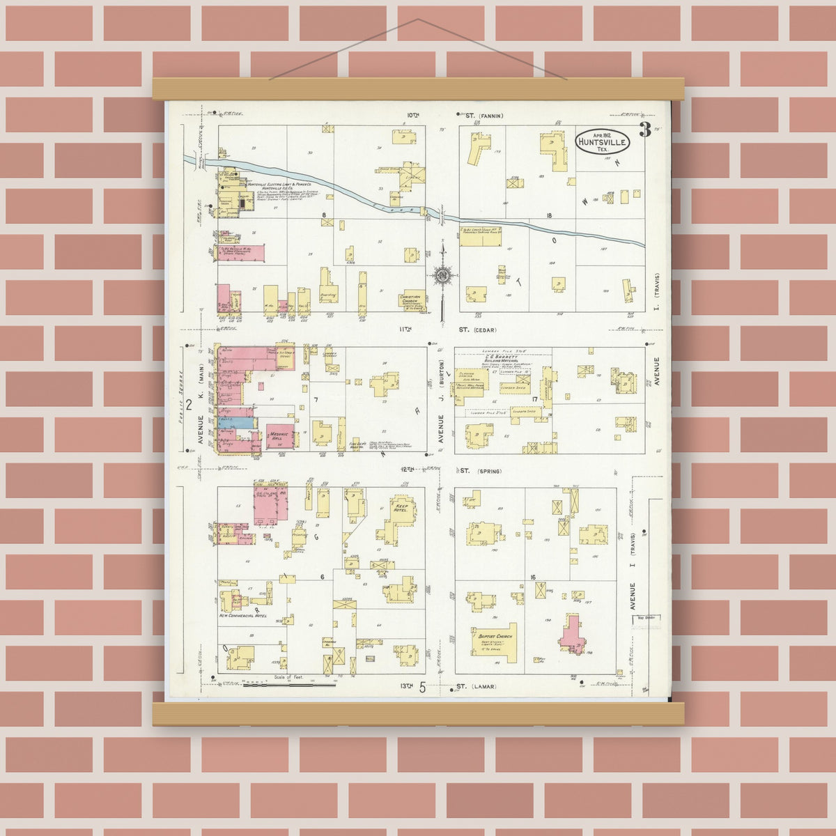 Old map wall art mockup — magnetic wood frame on brick wall — Sanborn Fire Insurance Map from Huntsville, Walker County, Texas (1912), Sheet #0003